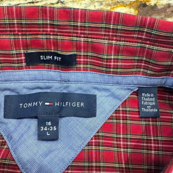 Tommy Hilfiger Mens Large Button Up Long Sleeve SlimFit Red Plaid - Picture 4 of 7